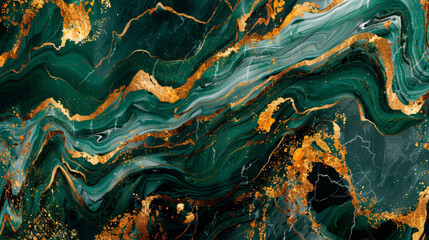 Up close, a green and gold marble mesmerizes with its complexity; intricate patterns and shimmering colors narrate the stone's luxurious tale. Banner. Copy space.