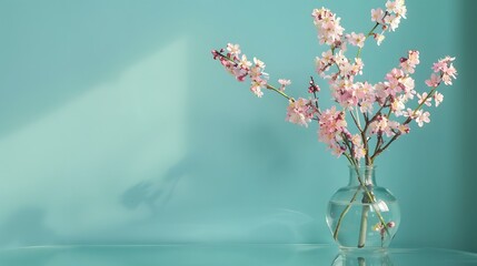 Glass vase with pink blossoms flowers twigs on glass table near empty, blank turquoise wall. Home interior background with copy space.