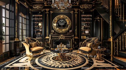 A luxury black and gold home interior with a kaleidoscope effect, featuring repeating patterns and...