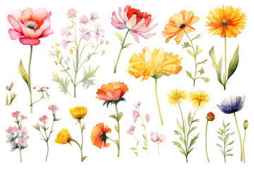 A collection of watercolor flowers in various colors and sizes