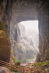 Panorama of gorge valley and karst limestone rock formations in Wulong, China