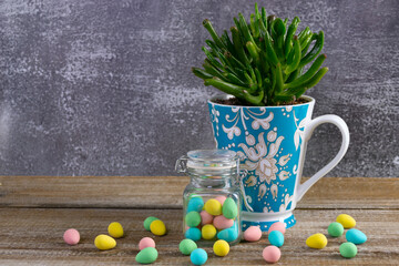 Cup with succulent and a glass jar with Easter candies on the table.