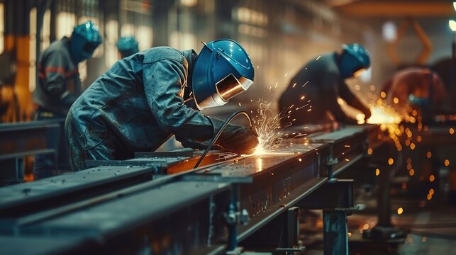 Group of workers and welders working together to fabricate large metal structures generative ai