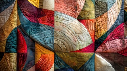 Vibrant patchwork quilt with a geometric pattern, featuring a rich palette of red, blue, orange, and yellow hues.