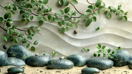 Fototapeta premium Zen rock garden. Circle patterns and green leaves on beige sand