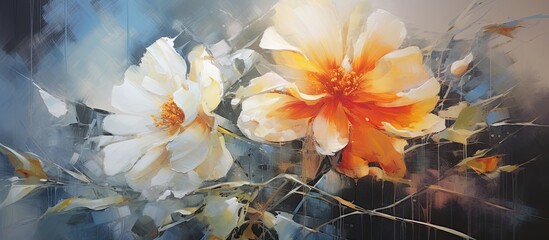 A beautiful painting featuring white and orange flowers set against a dark background, creating a...