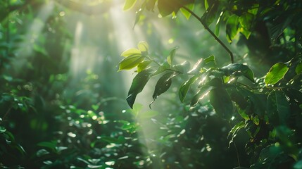 Green tree forest with sunlight through green leaves. Natural carbon capture and carbon credit concept. Sustainable forest management. Trees absorb carbon dioxide. Natural carbon sink. Environment day - obrazy, fototapety, plakaty