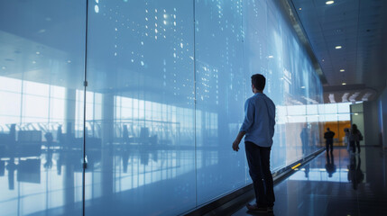 Fototapeta na wymiar A man stands in front of a smart glass partition his hand resting on the surface as he remotely adjusts the opacity to create a private meeting space within a bustling airport