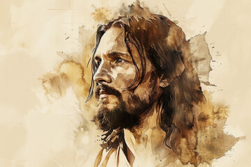 Brown splash watercolor sketch painting of the face of Jesus Christ - obrazy, fototapety, plakaty