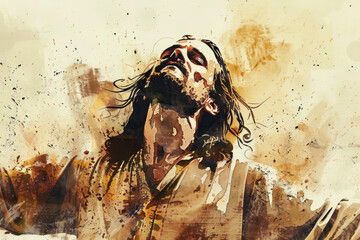 Brown splash watercolor sketch painting of the face of Jesus Christ