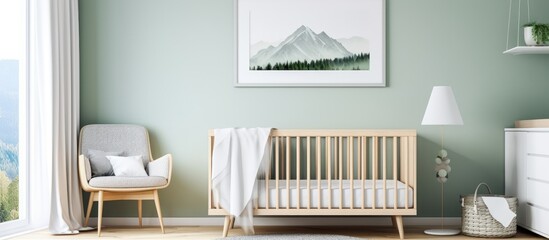Minimalist nursery room with crib, decoration on wall, and scenic view. Scandinavian home decor.