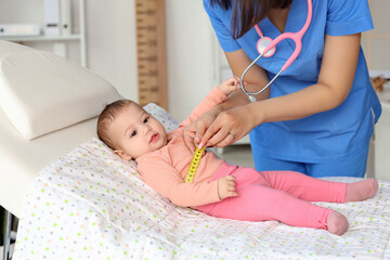 Female pediatrician measuring little baby's chest on couch in clinic, closeup