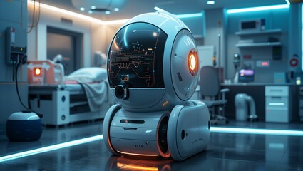 Robotics in healthcare, depicting a robot using machine learning for patient care, set in a futuristic hospital room