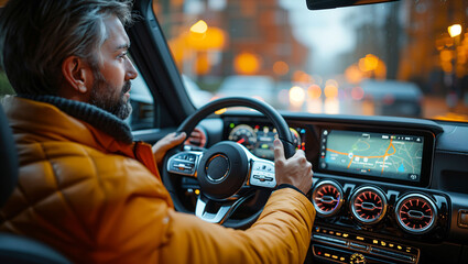 Voice assistant technology in a car, showing a driver using voice commands for navigation and entertainment, enhancing user experience