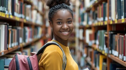 Smiling young woman with books and backpack between library shelves. ai generated image