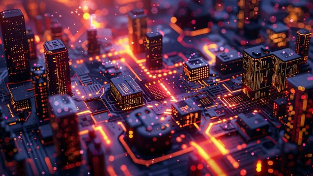 Edge computing infrastructure in a smart city, depicting real-time data processing and efficiency in urban tech solutions