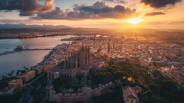 Stunning aerial view of Palma de Mallorca, showcasing its historic architecture and vibrant cityscape under a soft