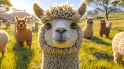 Smiling alpaca surrounded by a herd in a sun-drenched pasture.