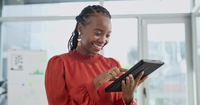 Black woman, office and laugh with tablet for social media or post for information, entertainment and trends for public relations. Female person, work and happy on break with internet for funny video