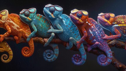 Vibrant chameleons with unique patterns perched on a branch in sequence.