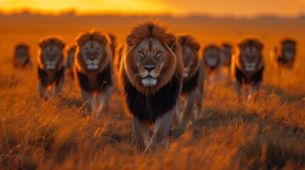  Line of lions in the savannah approaching at twilight.