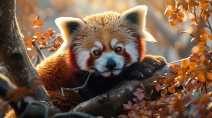 A gallery of photorealistic red pandas, their whimsical faces and auburn fur detailed against a serene backdrop of Himalayan forests. Red panda lying on a branch among autumn leaves. - obrazy, fototapety, plakaty