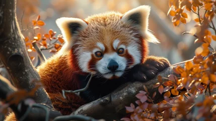 Foto op Plexiglas A gallery of photorealistic red pandas, their whimsical faces and auburn fur detailed against a serene backdrop of Himalayan forests. Red panda lying on a branch among autumn leaves. © Liana