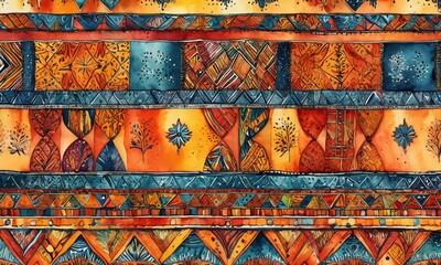 Colorful African textile patterns showcasing artistic heritage. Watercolor illustration. Africa day event.