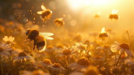 A close-up of a bee in flight among flowers, capturing the essence of spring and pollination. - obrazy, fototapety, plakaty