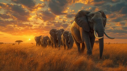 Elephants on an African plain at dusk, with the sun setting behind them, symbolizing freedom and...