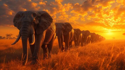 Fototapeta premium A line of elephants marching at sunset through a savanna, evoking a sense of unity and migration.