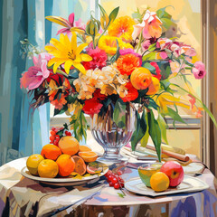 bouquet of assortment of fresh flowers comprises roses, margaret daisies, carnations, defodils, tulips, phoenix, ferns, nephrolepis ferns, with assortment of fruits created with Generative Ai