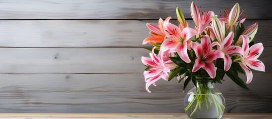 Naklejka na ściany i meble A beautiful flower arrangement of pink lilies in a vase decorates the wooden table, adding a touch of elegance to the room