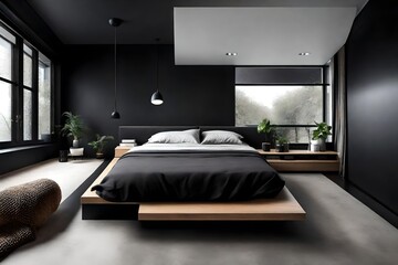 decent bedroom with black walls - obrazy, fototapety, plakaty