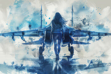 Airforce woman walking near fighter jet, blue splash watercolor