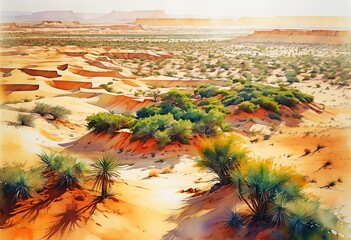 Stunning African landscapes from Sahara to lush savannas. Watercolor illustration. Africa Day event.