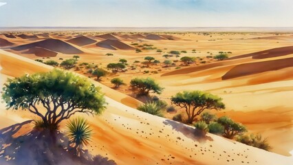 Stunning African landscapes from Sahara to lush savannas. Watercolor illustration. Africa Day event.