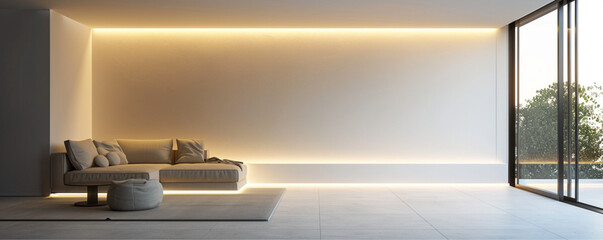 modern interior design of a living room with LED illuminated shadow gap on the ceiling corner and wall skirting, natural light, wide right angle view 