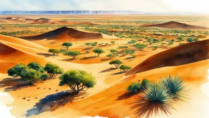 Gordijnen Stunning African landscapes from Sahara to lush savannas. Watercolor illustration. Africa Day event. © KirillPutchenko