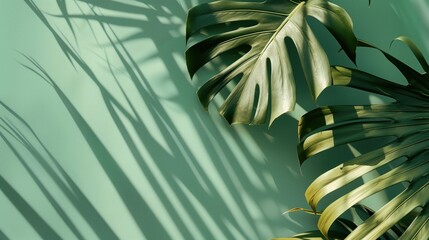 Tropical Shadows: Monstera Leaves Cast Elegant Silhouettes on a Green Wall