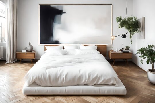 bedroom with a platform bed, crisp white bedding, and a large abstract painting hanging above, exuding calm and sophistication