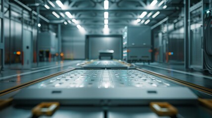 wide angle of an ev battery on a production line in a battery factory - obrazy, fototapety, plakaty