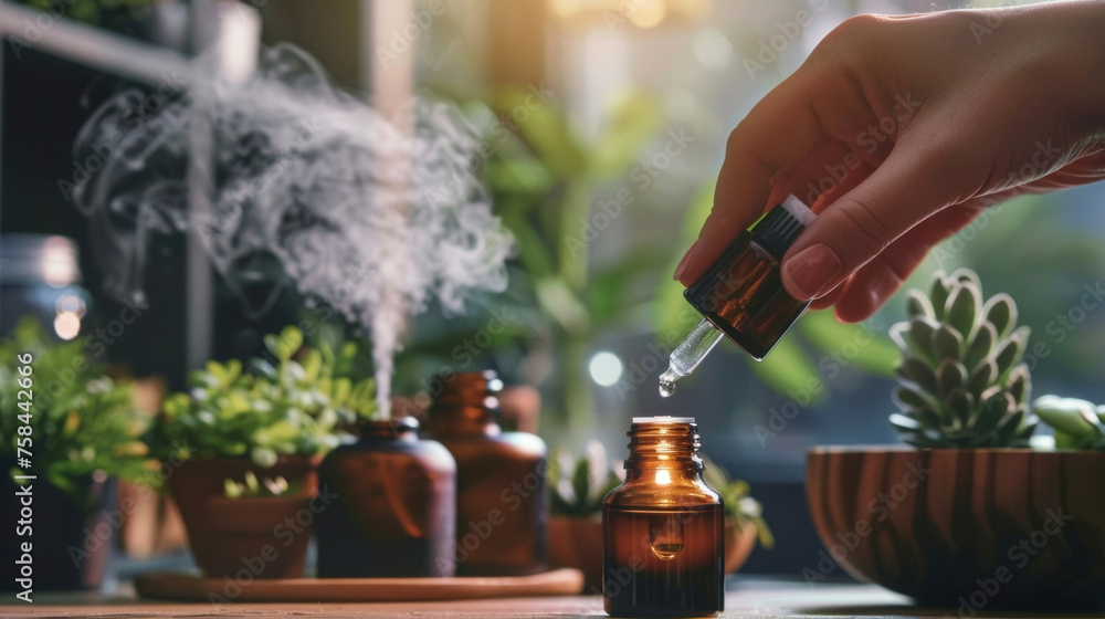 Poster a person holding a small bottle of essential oil with a diffuser in the background misting a relaxin