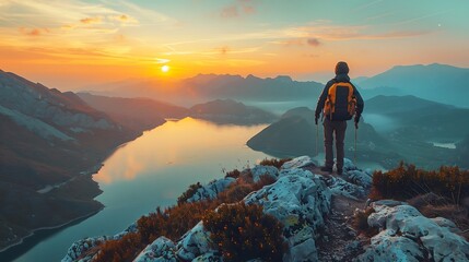 Hiker Overlooking Sunset on Mountain by Lake - obrazy, fototapety, plakaty