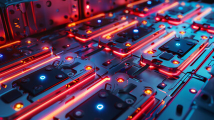 wide angle of an ev battery with neon lights in detail.