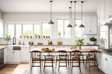 kitchen with white subway tile backsplash, stainless steel appliances, and a breakfast nook bathed in natural light - obrazy, fototapety, plakaty