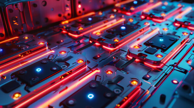 wide angle of an ev battery with neon lights in detail.