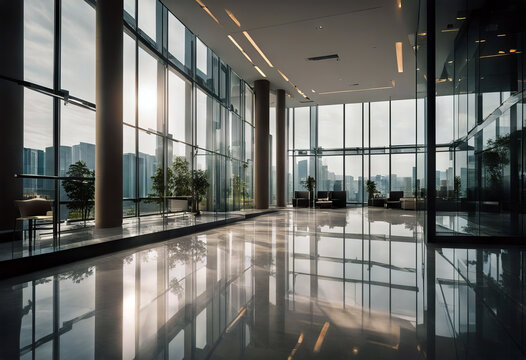 Office building business lobby blur background with blurry glass window transparent wall interior view inside empty entrance hall stock photo