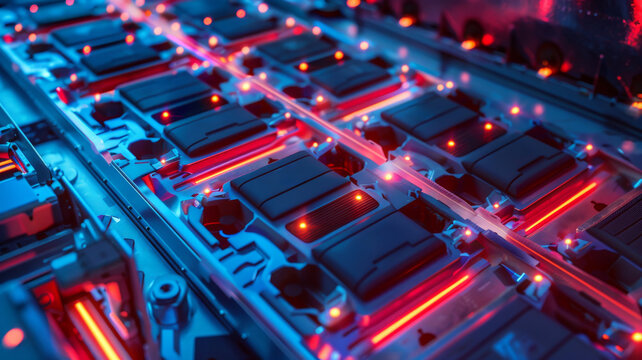 wide angle of an ev battery with neon lights in detail. - Powered by Adobe