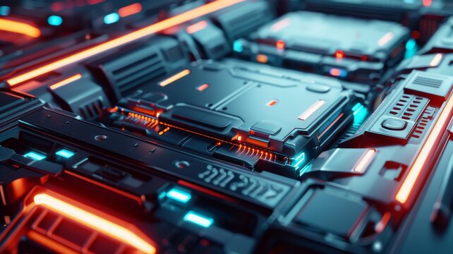 wide angle of an ev battery with neon lights in detail.